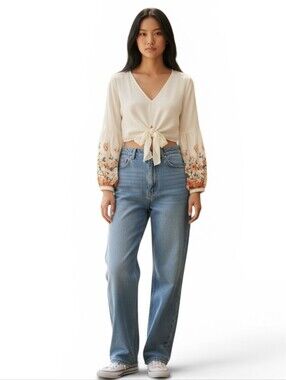 Shein Pebble Georgette Floral Balloon Sleeve Tie Top